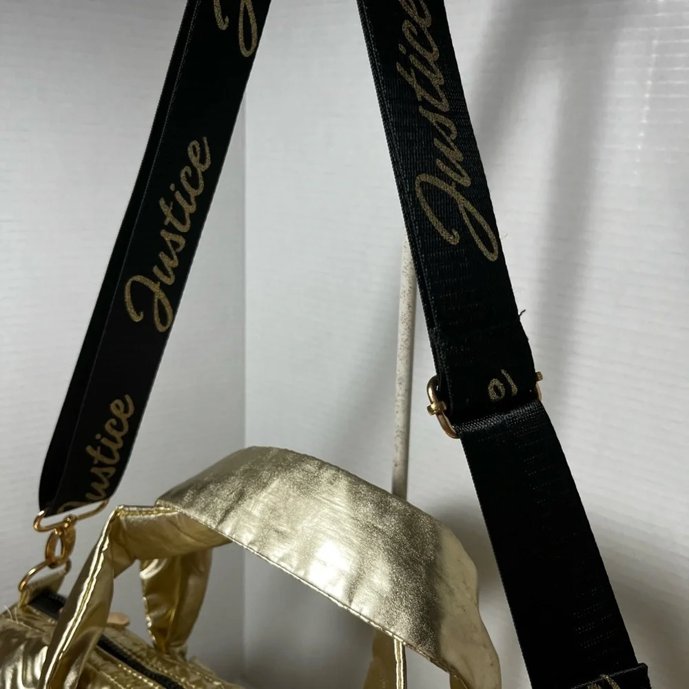 Justice Gold, metallic duffel bag